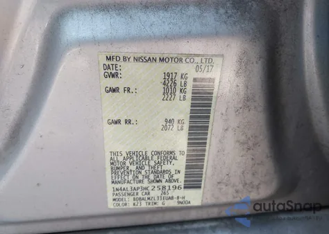 2017 Nissan Altima 2.5 Sv z USA, uszkodzony, nr VIN 1N4AL3AP3HC258196